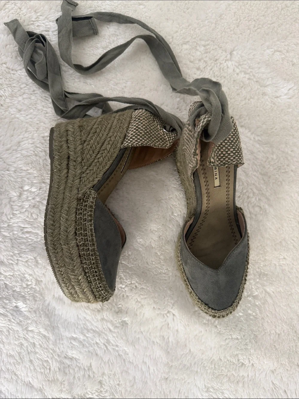 Corina Spanish Castaner Olive Suede and Woven Espadrille Wedges with Ankle Ties